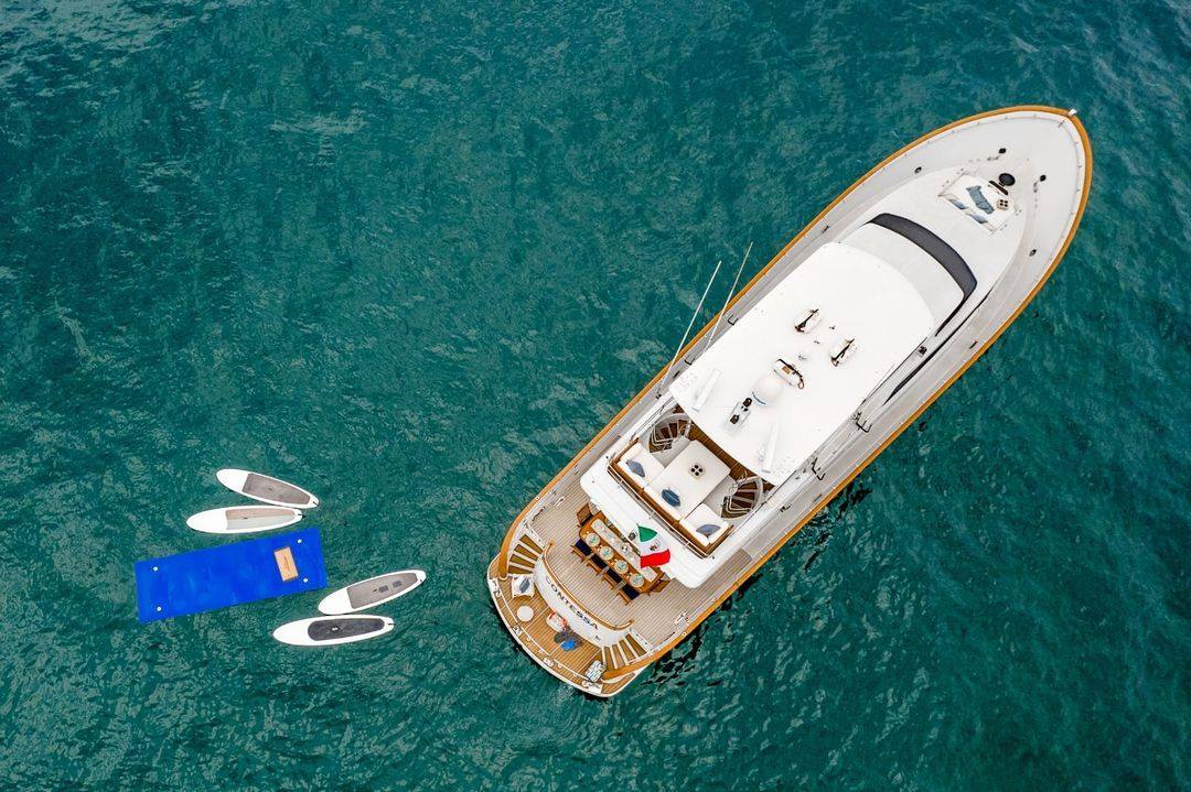 Aerial view of the 85 ft charter yacht anchored off Cabo San Lucas